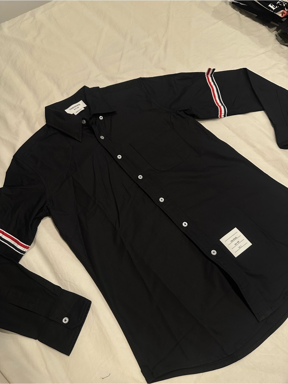 Thom Browne Black Long-Sleeve Button-Down with Red & White Sleeve Stripes